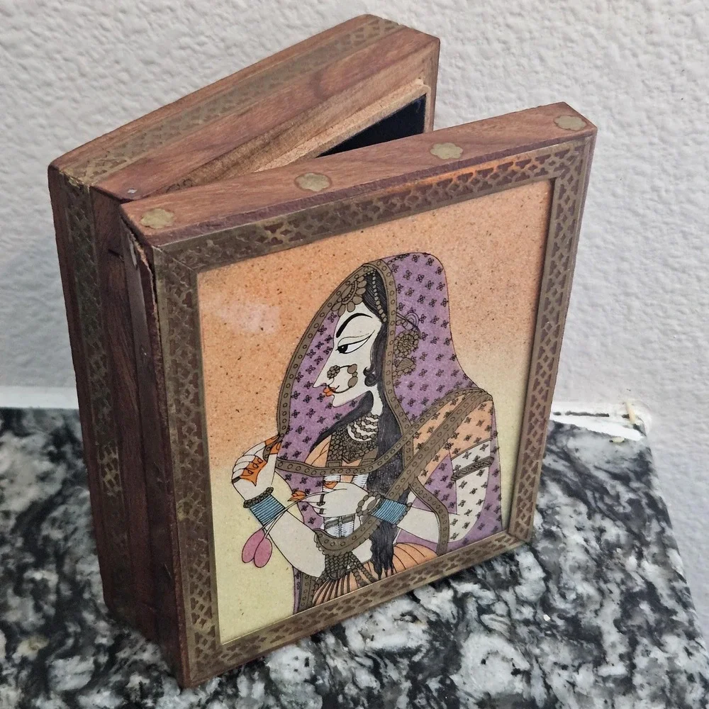 Vintage Indian Hand Painted Miniature Portrait Wood Jewelry Box Brass Inlay 5x4